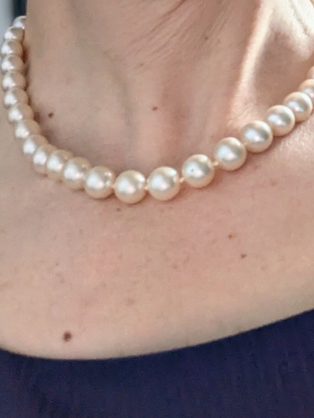 Vintage Hand-Knotted Faux Pearl Necklace with Gold Tone Pave Rhinestone Magnetic